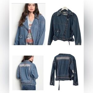 ESSUE Y2K Distressed Moto BOHO Asymmetrical Zip Jean Jacket Large